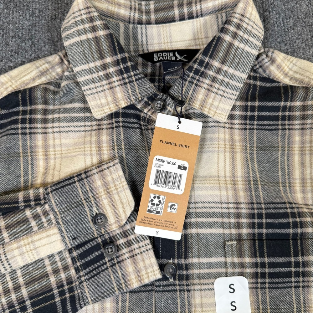 Eddie Bauer Mens Flannel Shirt Small Cream Black Grey Plaid EB008604 NWT